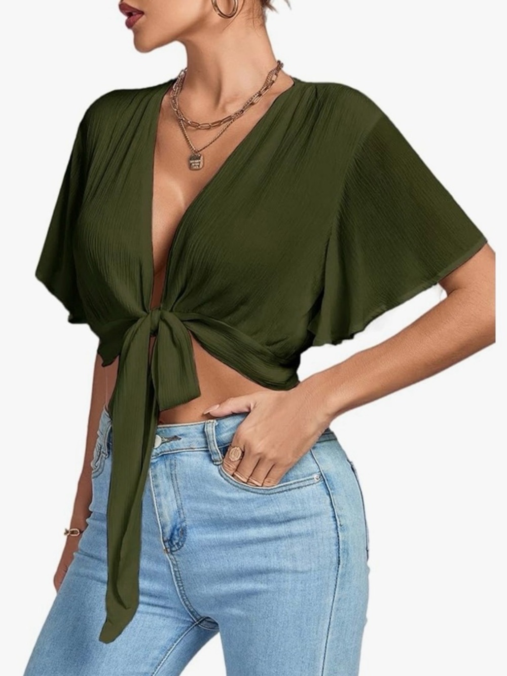 Deep V Tie Front Crop Top